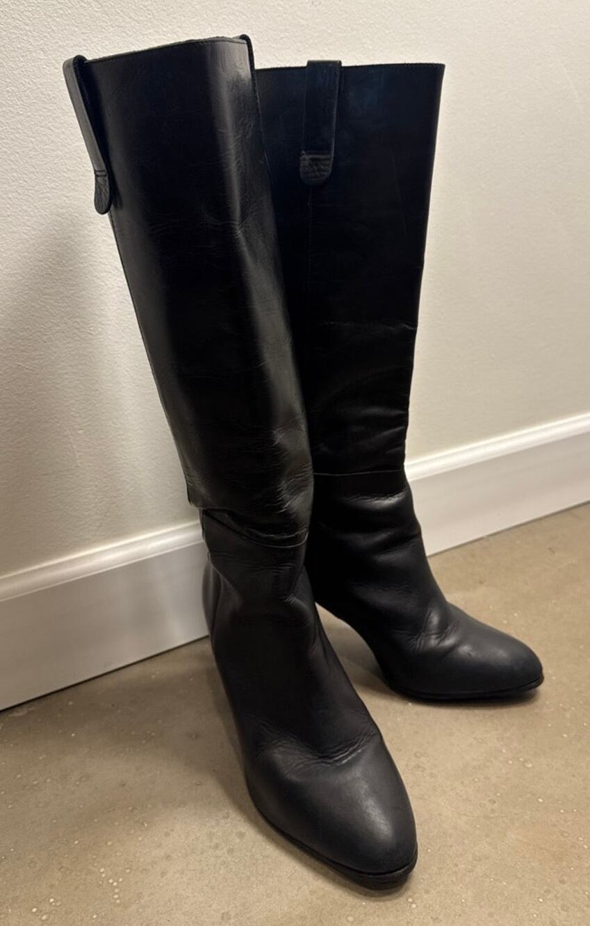 Loeffler Black Leather Knee-High Boots Stacked Block Heel, Size 9